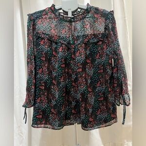 LOFT floral  Sheer Long-Sleeve Tunic - Black, Green & Red